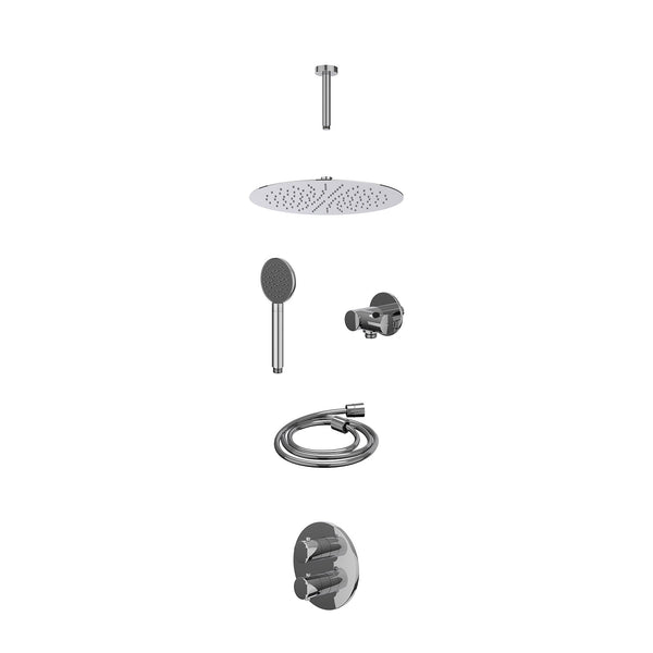 Excl. inbouwbox regendoucheset inbouwthermostaatkraan met 2-weg stop-omstel, plafondbuis 15cm, R30cmSL, verstelbare steun met geïnt. uitlaat, doucheslang 150cm en satin spray handdouche