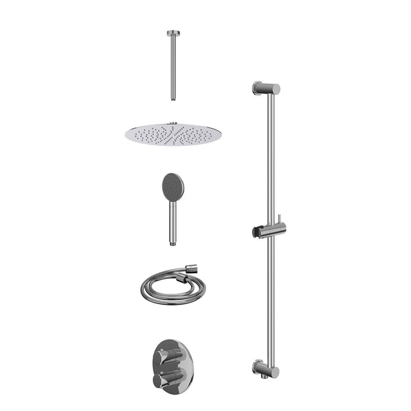 Excl. inbouwbox regendoucheset inbouwthermostaatkraan met 2-weg stop-omstel, plafondbuis 30cm, R30cmSL, glijstang met uitlaat, doucheslang 150cm en satin spray handdouche