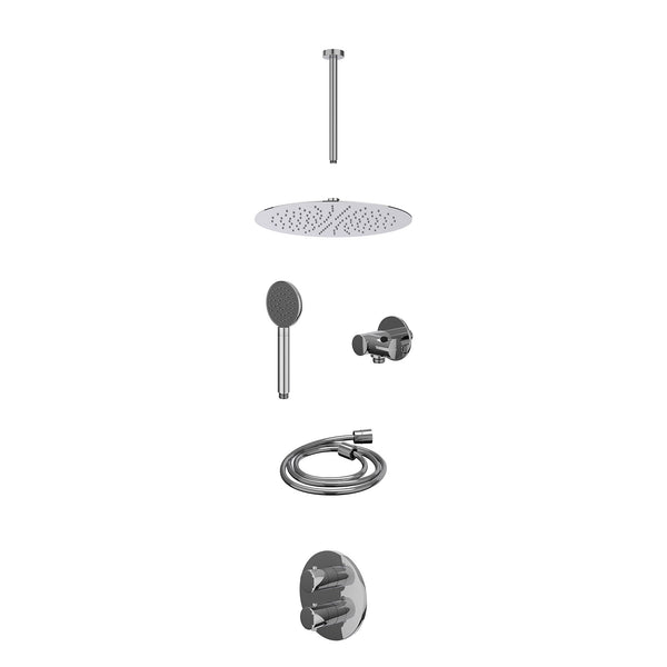 Excl. inbouwbox regendoucheset inbouwthermostaatkraan met 2-weg stop-omstel, plafondbuis 30cm, R30cmSL, verstelbare steun met geïnt. uitlaat, doucheslang 150cm en satin spray handdouche