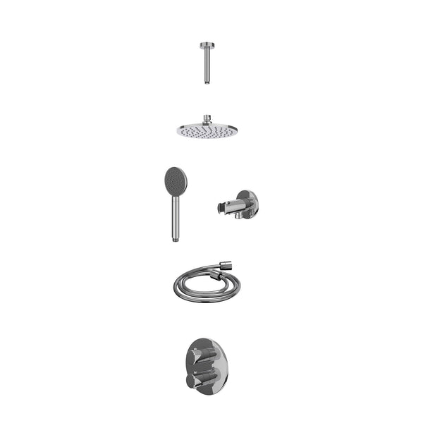Excl. inbouwbox regendoucheset inbouwthermostaatkraan met 2-weg stop-omstel, plafondbuis 15cm, R20cmME, houder met uitlaat, doucheslang 150cm en satin spray handdouche