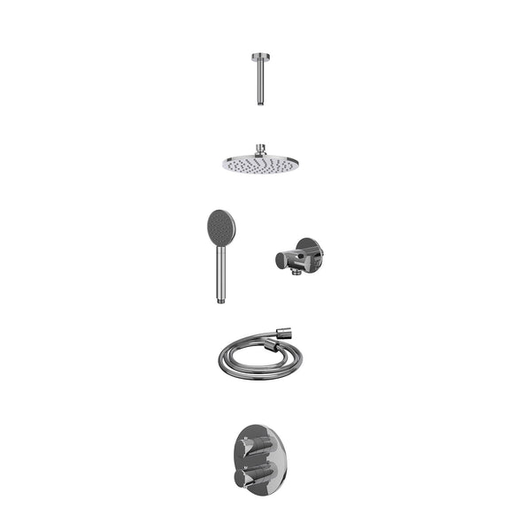 Excl. inbouwbox regendoucheset inbouwthermostaatkraan met 2-weg stop-omstel, plafondbuis 15cm, R20cmME, verstelbare steun met geïnt. uitlaat, doucheslang 150cm en satin spray handdouche