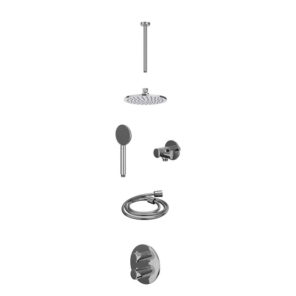 Excl. inbouwbox regendoucheset inbouwthermostaatkraan met 2-weg stop-omstel, plafondbuis 30cm, R20cmME, verstelbare steun met geïnt. uitlaat, doucheslang 150cm en satin spray handdouche