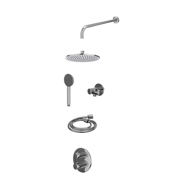 Excl. inbouwbox regendoucheset inbouwthermostaatkraan met 2-weg stop-omstel, wandarm, R25cmME, verstelbare steun met geïnt. uitlaat, doucheslang 150cm en satin spray handdouche