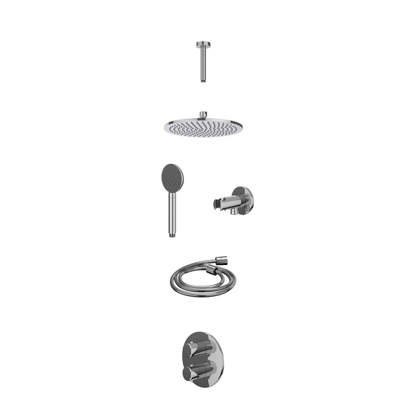 Excl. inbouwbox regendoucheset inbouwthermostaatkraan met 2-weg stop-omstel, plafondbuis 15cm, R25cmME, houder met uitlaat, doucheslang 150cm en satin spray handdouche