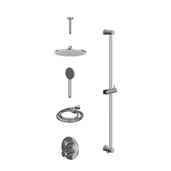 Excl. inbouwbox regendoucheset inbouwthermostaatkraan met 2-weg stop-omstel, plafondbuis 15cm, R25cmME, glijstang met uitlaat, doucheslang 150cm en satin spray handdouche