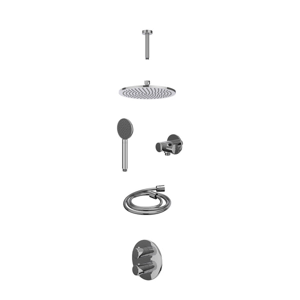 Excl. inbouwbox regendoucheset inbouwthermostaatkraan met 2-weg stop-omstel, plafondbuis 15cm, R25cmME, verstelbare steun met geïnt. uitlaat, doucheslang 150cm en satin spray handdouche