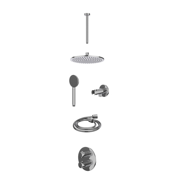Excl. inbouwbox regendoucheset inbouwthermostaatkraan met 2-weg stop-omstel, plafondbuis 30cm, R25cmME, houder met uitlaat, doucheslang 150cm en satin spray handdouche