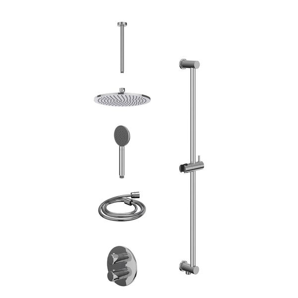 Excl. inbouwbox regendoucheset inbouwthermostaatkraan met 2-weg stop-omstel, plafondbuis 30cm, R25cmME, glijstang met uitlaat, doucheslang 150cm en satin spray handdouche
