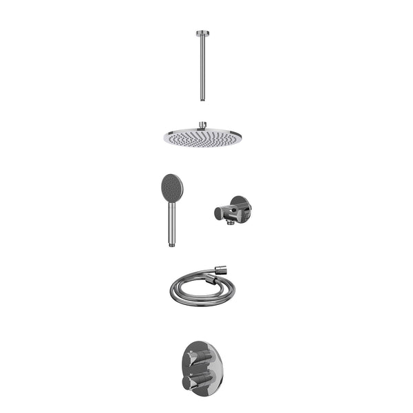 Excl. inbouwbox regendoucheset inbouwthermostaatkraan met 2-weg stop-omstel, plafondbuis 30cm, R25cmME, verstelbare steun met geïnt. uitlaat, doucheslang 150cm en satin spray handdouche