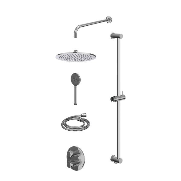 Excl. inbouwbox regendoucheset inbouwthermostaatkraan met 2-weg stop-omstel, wandarm, R30cmME, glijstang met uitlaat, doucheslang 150cm en satin spray handdouche