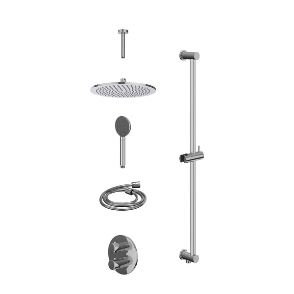 Excl. inbouwbox regendoucheset inbouwthermostaatkraan met 2-weg stop-omstel, plafondbuis 15cm, R30cmME, glijstang met uitlaat, doucheslang 150cm en satin spray handdouche