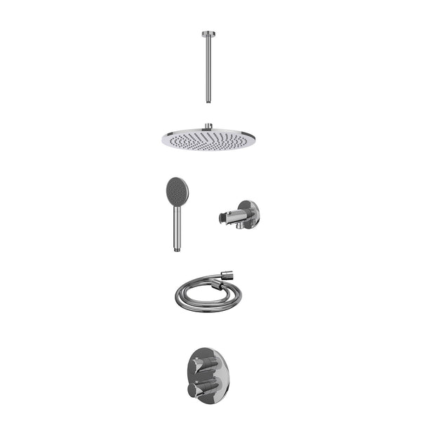 Excl. inbouwbox regendoucheset inbouwthermostaatkraan met 2-weg stop-omstel, plafondbuis 30cm, R30cmME, houder met uitlaat, doucheslang 150cm en satin spray handdouche