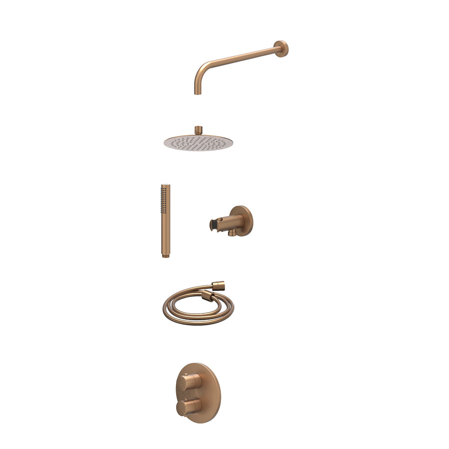 IVY Excl. inbouwbox regendoucheset inbouwthermostaatkraan met 2-weg stop-omstel, wandarm, R20cmSL, houder met uitlaat, doucheslang 150cm en staafmodel – Gebr. mat koper PVD