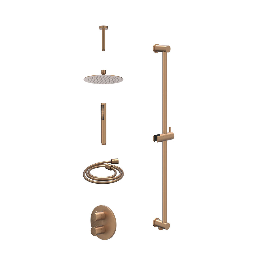 IVY Excl. inbouwbox regendoucheset inbouwthermostaatkraan met 2-weg stop-omstel, plafondbuis 15cm, R20cmSL, glijstang met uitlaat, doucheslang 150cm en staafmodel – Gebr. mat koper