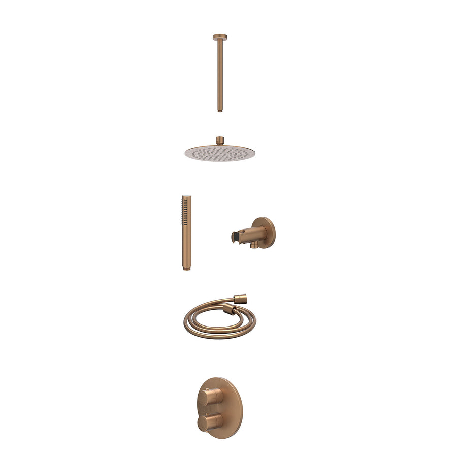 IVY Excl. inbouwbox regendoucheset inbouwthermostaatkraan met 2-weg stop-omstel, plafondbuis 30cm, R20cmSL, houder met uitlaat, doucheslang 150cm en staafmodel – Gebr. mat koper PV