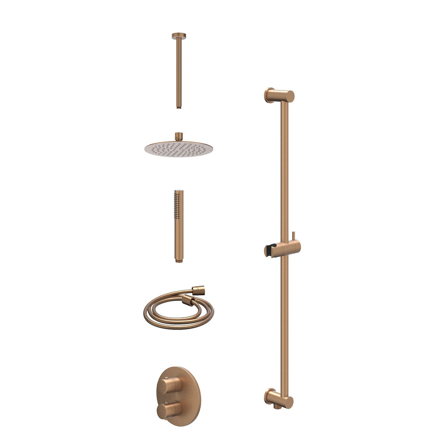 IVY Excl. inbouwbox regendoucheset inbouwthermostaatkraan met 2-weg stop-omstel, plafondbuis 30cm, R20cmSL, glijstang met uitlaat, doucheslang 150cm en staafmodel – Gebr. mat koper