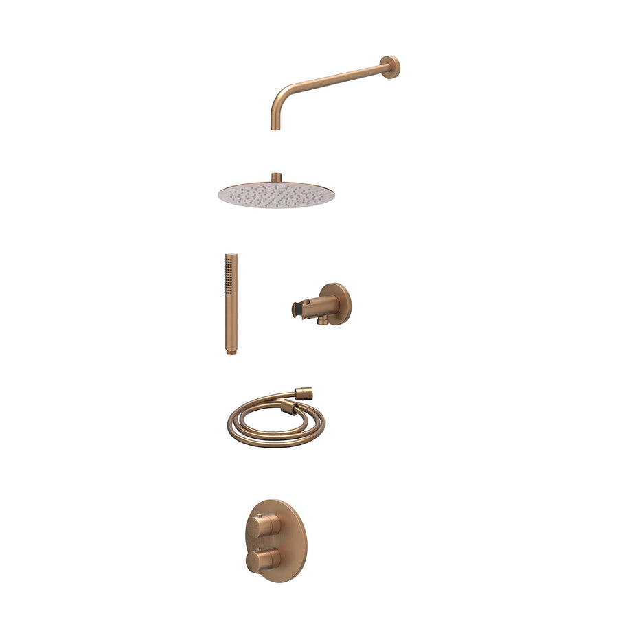 IVY Excl. inbouwbox regendoucheset inbouwthermostaatkraan met 2-weg stop-omstel, wandarm, R25cmSL, houder met uitlaat, doucheslang 150cm en staafmodel – Gebr. mat koper PVD