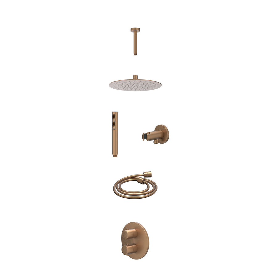 IVY Excl. inbouwbox regendoucheset inbouwthermostaatkraan met 2-weg stop-omstel, plafondbuis 15cm, R25cmSL, houder met uitlaat, doucheslang 150cm en staafmodel – Gebr. mat koper PV