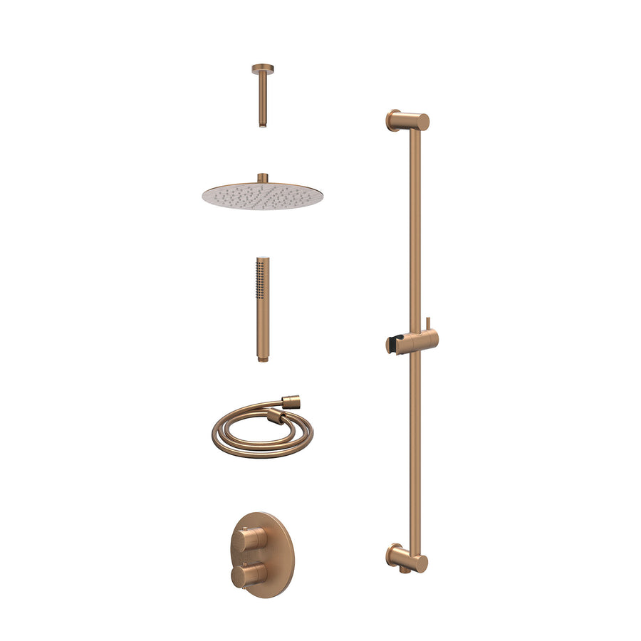 IVY Excl. inbouwbox regendoucheset inbouwthermostaatkraan met 2-weg stop-omstel, plafondbuis 15cm, R25cmSL, glijstang met uitlaat, doucheslang 150cm en staafmodel – Gebr. mat koper