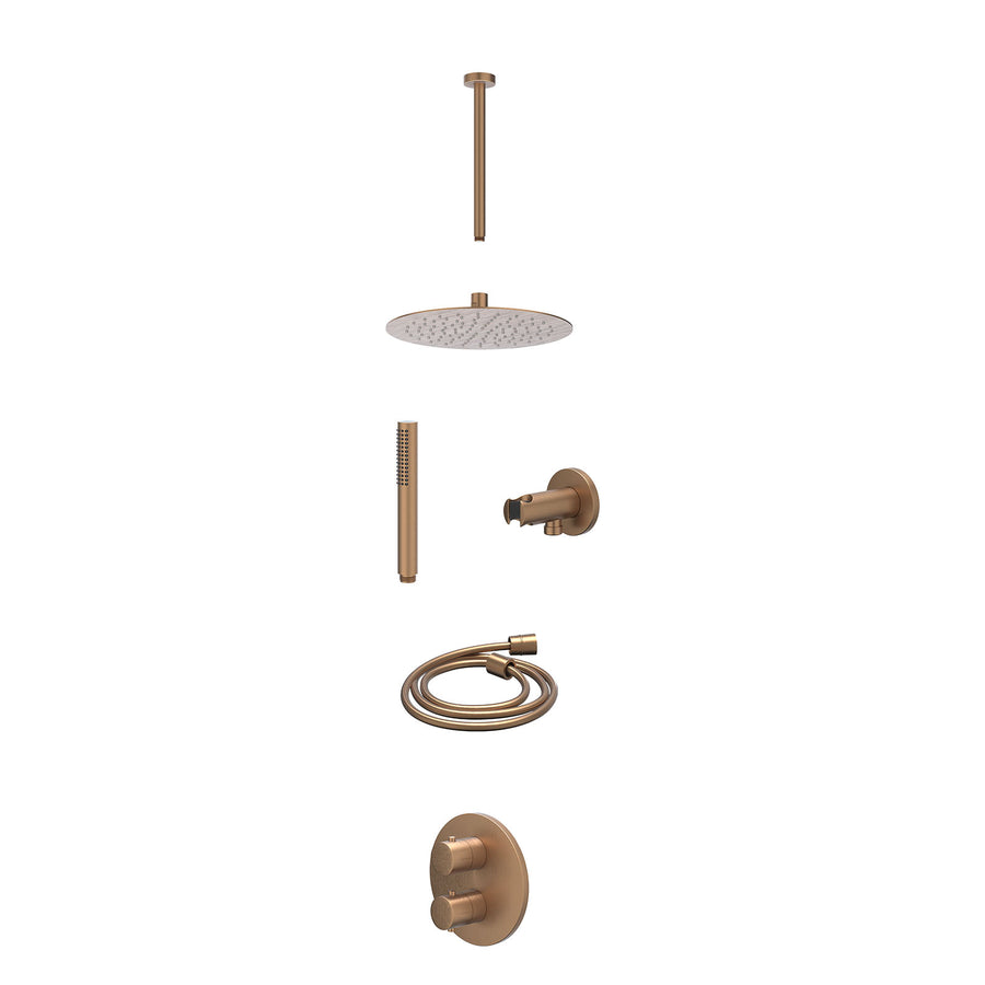 IVY Excl. inbouwbox regendoucheset inbouwthermostaatkraan met 2-weg stop-omstel, plafondbuis 30cm, R25cmSL, houder met uitlaat, doucheslang 150cm en staafmodel – Gebr. mat koper PV