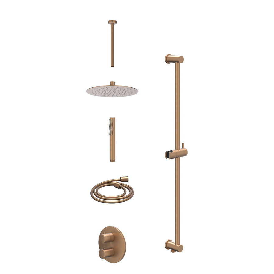 IVY Excl. inbouwbox regendoucheset inbouwthermostaatkraan met 2-weg stop-omstel, plafondbuis 30cm, R25cmSL, glijstang met uitlaat, doucheslang 150cm en staafmodel – Gebr. mat koper