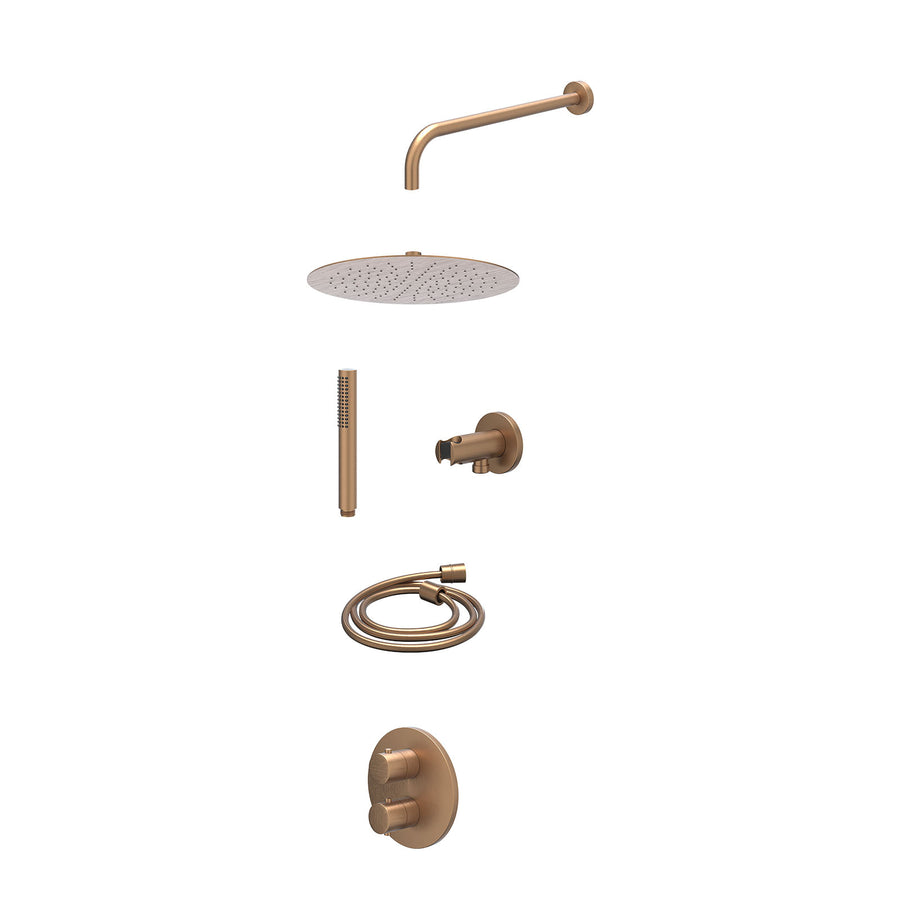 IVY Excl. inbouwbox regendoucheset inbouwthermostaatkraan met 2-weg stop-omstel, wandarm, R30cmSL, houder met uitlaat, doucheslang 150cm en staafmodel – Gebr. mat koper PVD