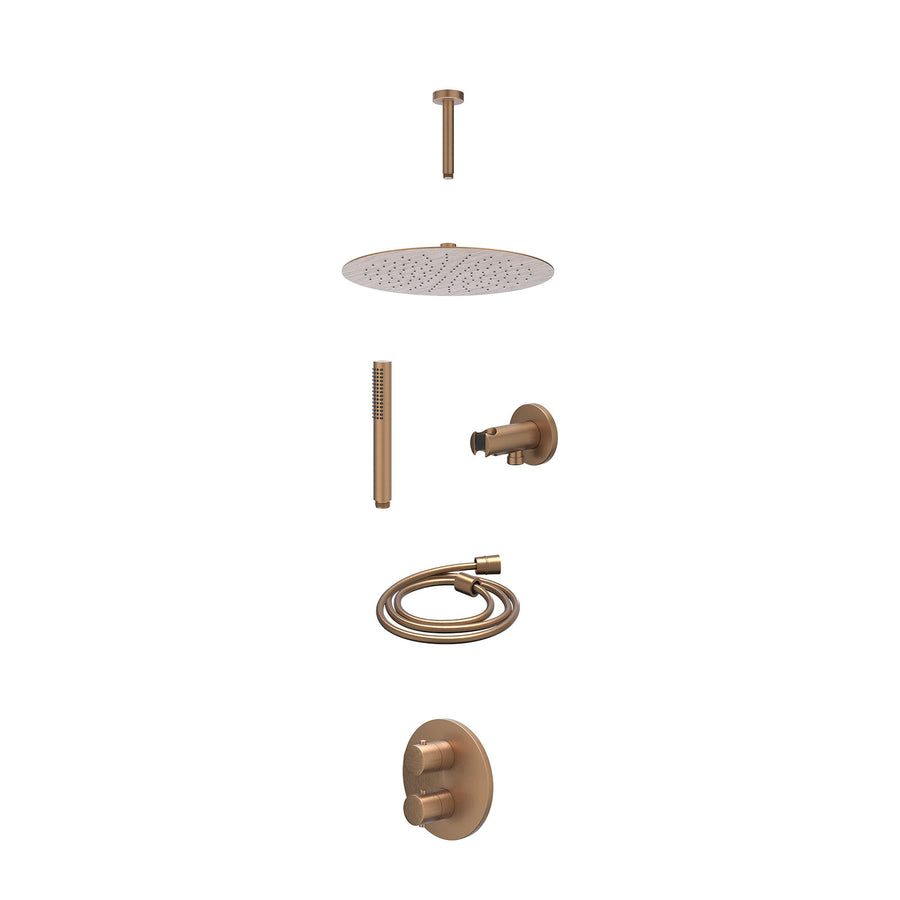 IVY Excl. inbouwbox regendoucheset inbouwthermostaatkraan met 2-weg stop-omstel, plafondbuis 15cm, R30cmSL, houder met uitlaat, doucheslang 150cm en staafmodel – Gebr. mat koper PV