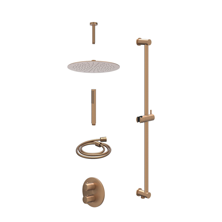 IVY Excl. inbouwbox regendoucheset inbouwthermostaatkraan met 2-weg stop-omstel, plafondbuis 15cm, R30cmSL, glijstang met uitlaat, doucheslang 150cm en staafmodel – Gebr. mat koper