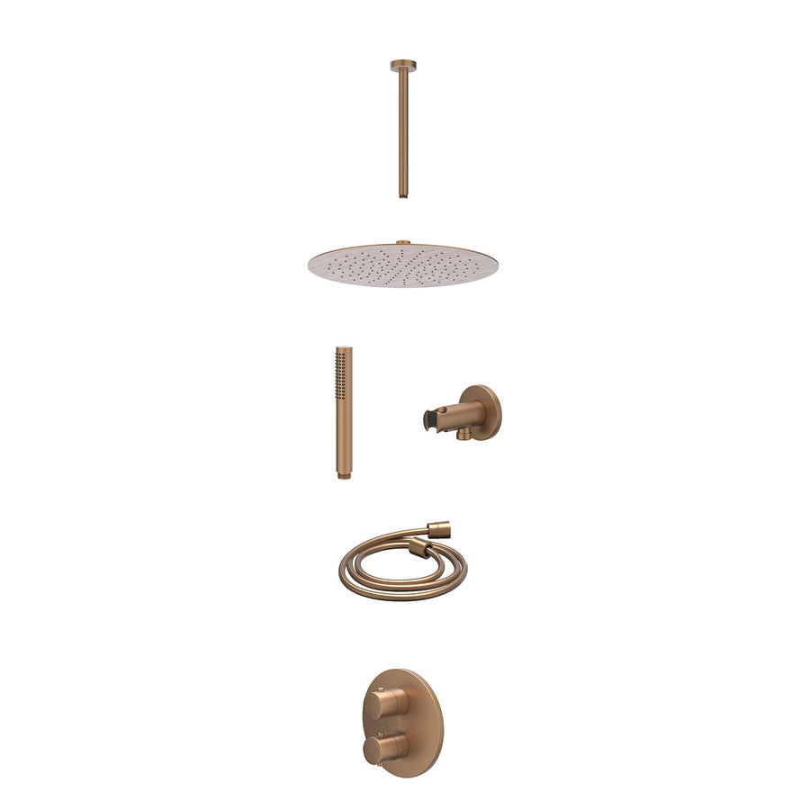 IVY Excl. inbouwbox regendoucheset inbouwthermostaatkraan met 2-weg stop-omstel, plafondbuis 30cm, R30cmSL, houder met uitlaat, doucheslang 150cm en staafmodel – Gebr. mat koper PV