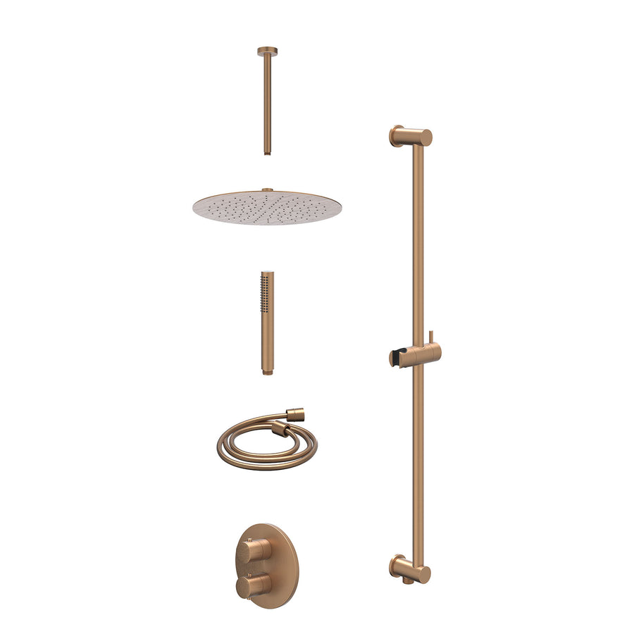 IVY Excl. inbouwbox regendoucheset inbouwthermostaatkraan met 2-weg stop-omstel, plafondbuis 30cm, R30cmSL, glijstang met uitlaat, doucheslang 150cm en staafmodel – Gebr. mat koper