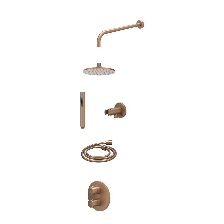 IVY Excl. inbouwbox regendoucheset inbouwthermostaatkraan met 2-weg stop-omstel, wandarm, R20cmME, houder met uitlaat, doucheslang 150cm en staafmodel – Gebr. mat koper PVD
