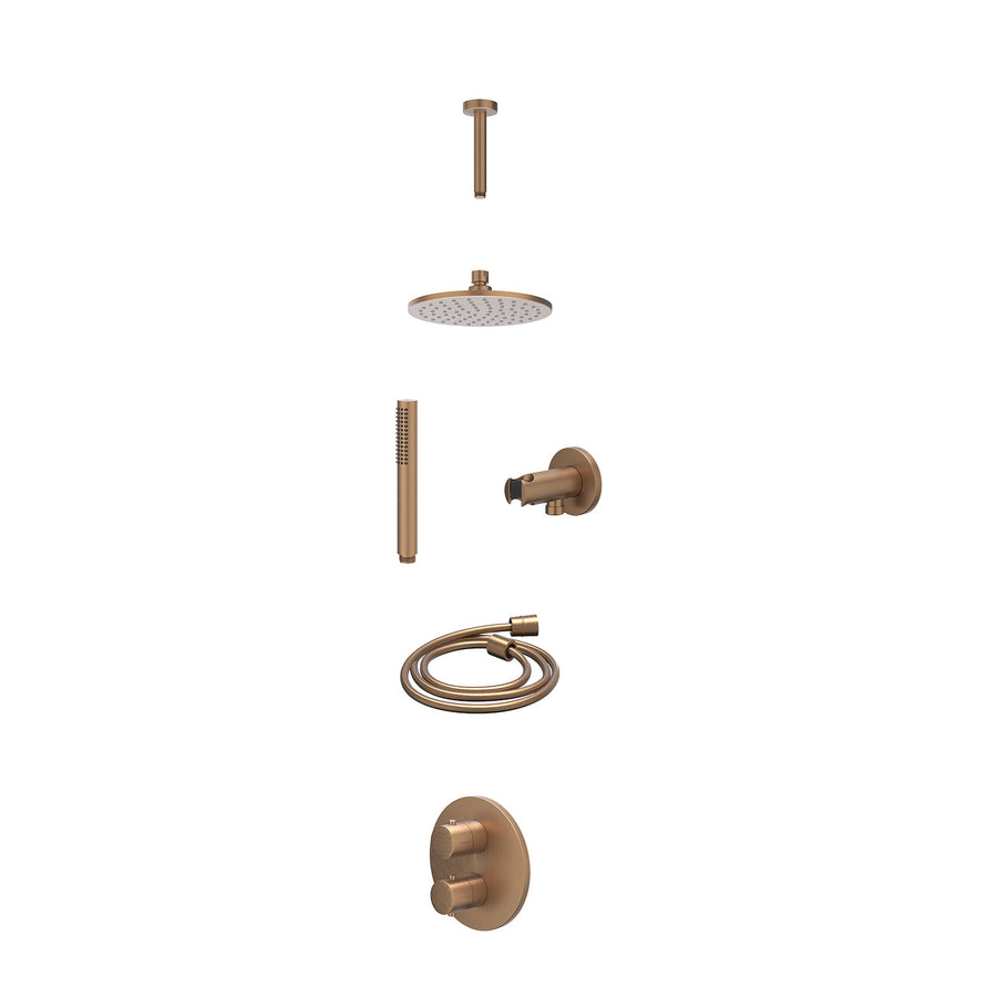 IVY Excl. inbouwbox regendoucheset inbouwthermostaatkraan met 2-weg stop-omstel, plafondbuis 15cm, R20cmME, houder met uitlaat, doucheslang 150cm en staafmodel – Gebr. mat koper PV