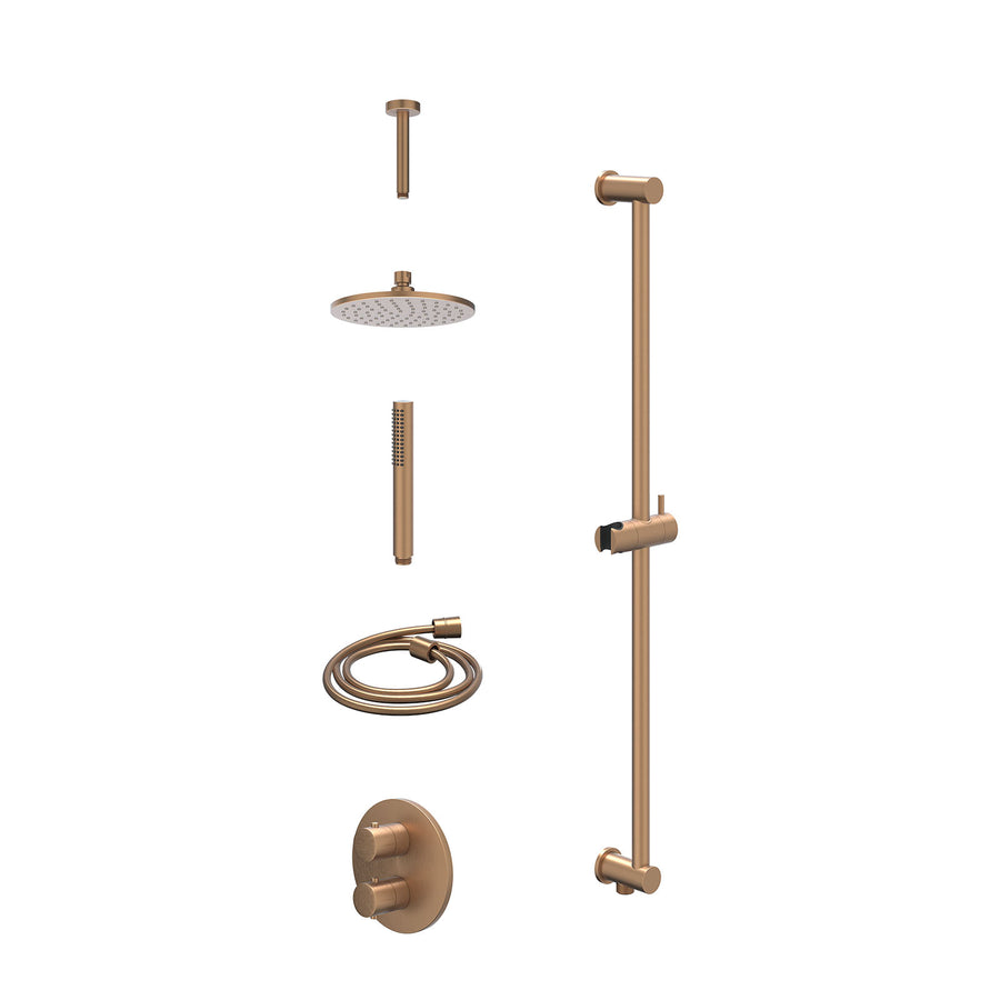 IVY Excl. inbouwbox regendoucheset inbouwthermostaatkraan met 2-weg stop-omstel, plafondbuis 15cm, R20cmME, glijstang met uitlaat, doucheslang 150cm en staafmodel – Gebr. mat koper