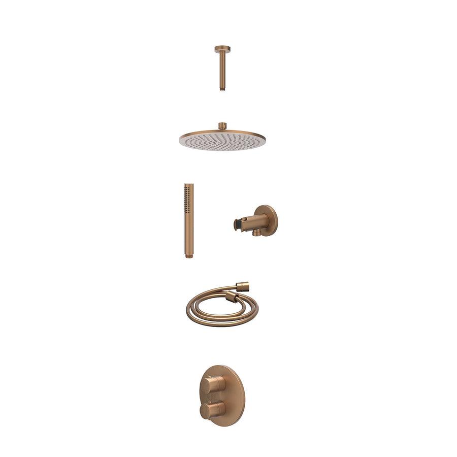 IVY Excl. inbouwbox regendoucheset inbouwthermostaatkraan met 2-weg stop-omstel, plafondbuis 15cm, R25cmME, houder met uitlaat, doucheslang 150cm en staafmodel – Gebr. mat koper PV