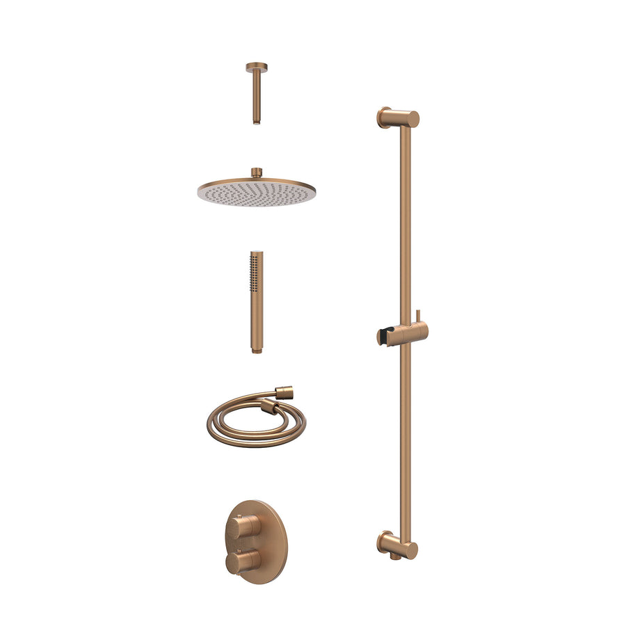 IVY Excl. inbouwbox regendoucheset inbouwthermostaatkraan met 2-weg stop-omstel, plafondbuis 15cm, R25cmME, glijstang met uitlaat, doucheslang 150cm en staafmodel – Gebr. mat koper