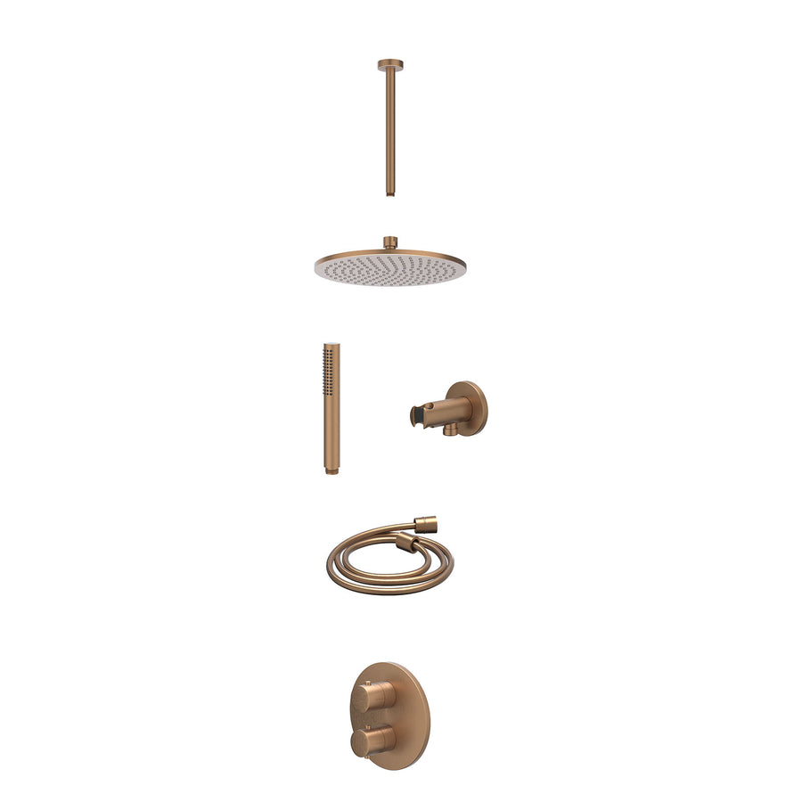IVY Excl. inbouwbox regendoucheset inbouwthermostaatkraan met 2-weg stop-omstel, plafondbuis 30cm, R25cmME, houder met uitlaat, doucheslang 150cm en staafmodel – Gebr. mat koper PV