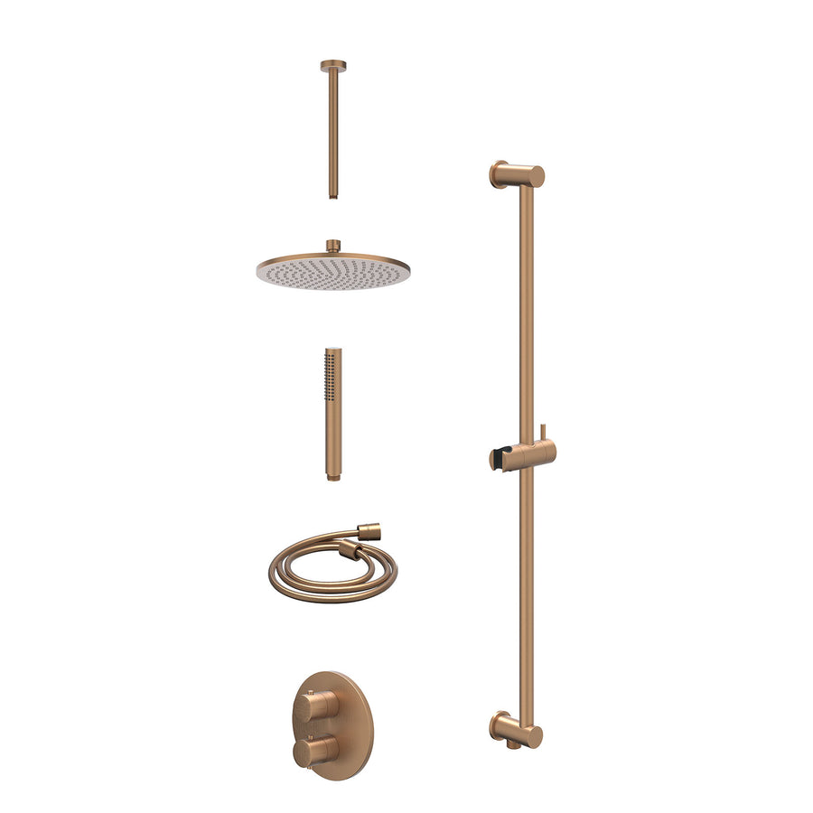 IVY Excl. inbouwbox regendoucheset inbouwthermostaatkraan met 2-weg stop-omstel, plafondbuis 30cm, R25cmME, glijstang met uitlaat, doucheslang 150cm en staafmodel – Gebr. mat koper