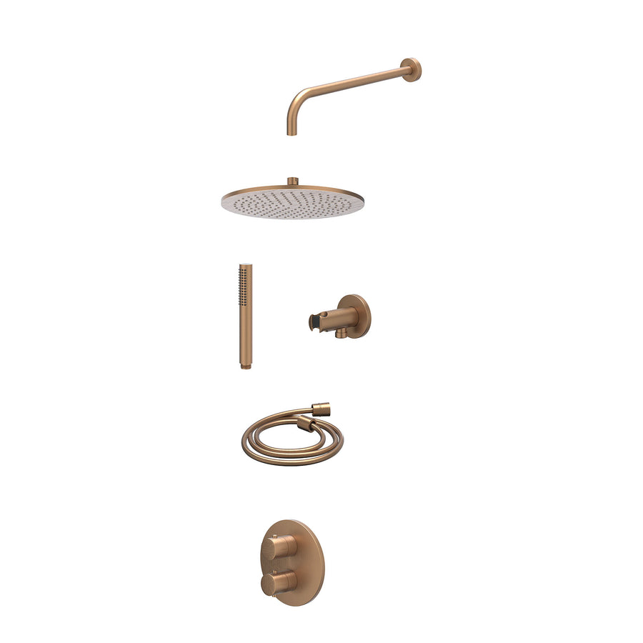 IVY Excl. inbouwbox regendoucheset inbouwthermostaatkraan met 2-weg stop-omstel, wandarm, R30cmME, houder met uitlaat, doucheslang 150cm en staafmodel – Gebr. mat koper PVD