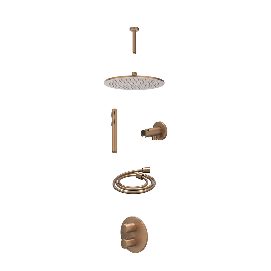 IVY Excl. inbouwbox regendoucheset inbouwthermostaatkraan met 2-weg stop-omstel, plafondbuis 15cm, R30cmME, houder met uitlaat, doucheslang 150cm en staafmodel – Gebr. mat koper PV