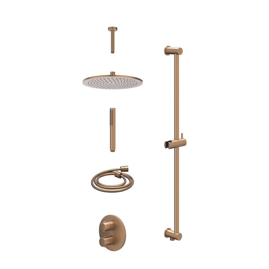IVY Excl. inbouwbox regendoucheset inbouwthermostaatkraan met 2-weg stop-omstel, plafondbuis 15cm, R30cmME, glijstang met uitlaat, doucheslang 150cm en staafmodel – Gebr. mat koper