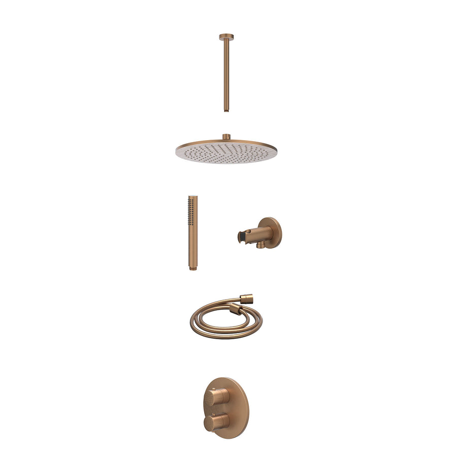 IVY Excl. inbouwbox regendoucheset inbouwthermostaatkraan met 2-weg stop-omstel, plafondbuis 30cm, R30cmME, houder met uitlaat, doucheslang 150cm en staafmodel – Gebr. mat koper PV