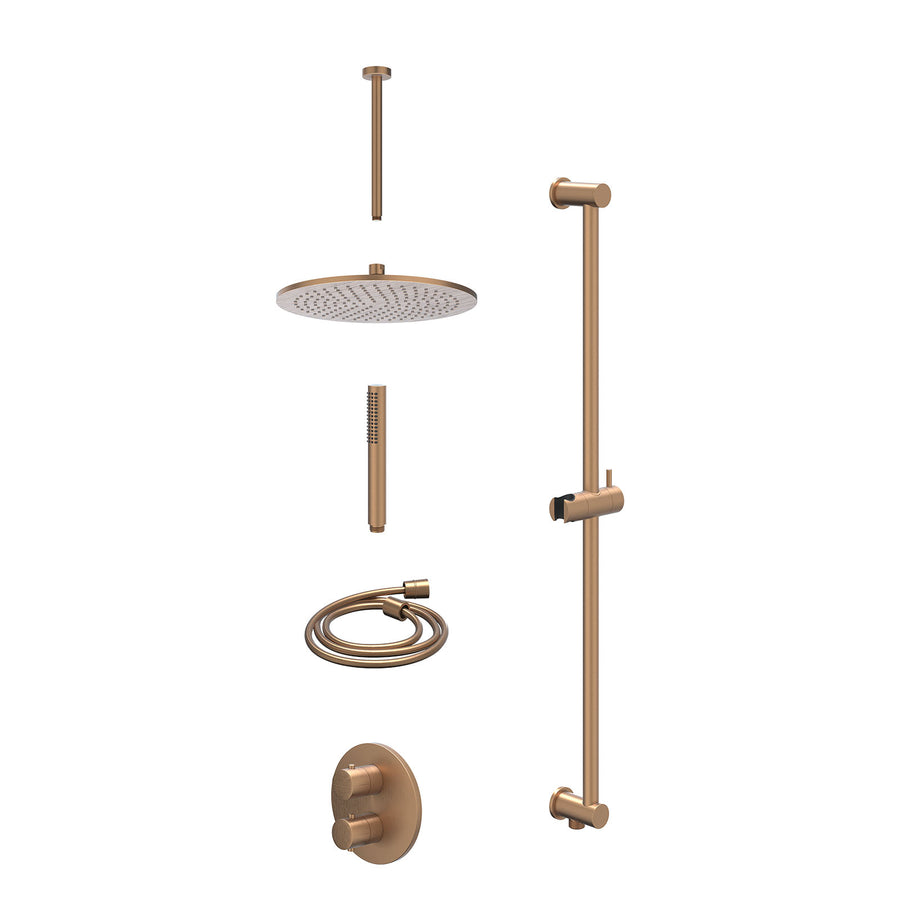 IVY Excl. inbouwbox regendoucheset inbouwthermostaatkraan met 2-weg stop-omstel, plafondbuis 30cm, R30cmME, glijstang met uitlaat, doucheslang 150cm en staafmodel – Gebr. mat koper