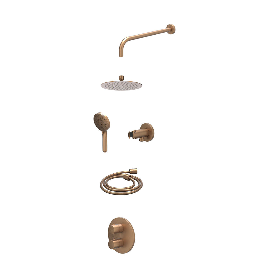 IVY Excl. inbouwbox regendoucheset inbouwthermostaatkraan met 2-weg stop-omstel, wandarm, R20cmSL, houder met uitlaat, doucheslang 150cm en 3-standen handdouche – Gebr. mat koper P