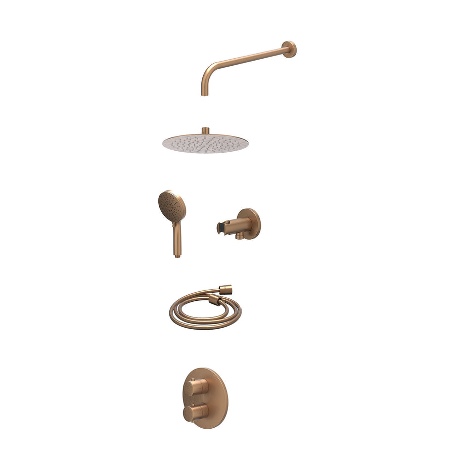 IVY Excl. inbouwbox regendoucheset inbouwthermostaatkraan met 2-weg stop-omstel, wandarm, R25cmSL, houder met uitlaat, doucheslang 150cm en 3-standen handdouche – Gebr. mat koper P