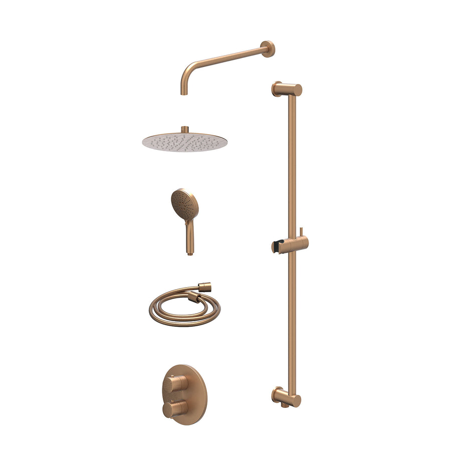IVY Excl. inbouwbox regendoucheset inbouwthermostaatkraan met 2-weg stop-omstel, wandarm, R25cmSL, glijstang met uitlaat, doucheslang 150cm en 3-standen handdouche – Gebr. mat kope