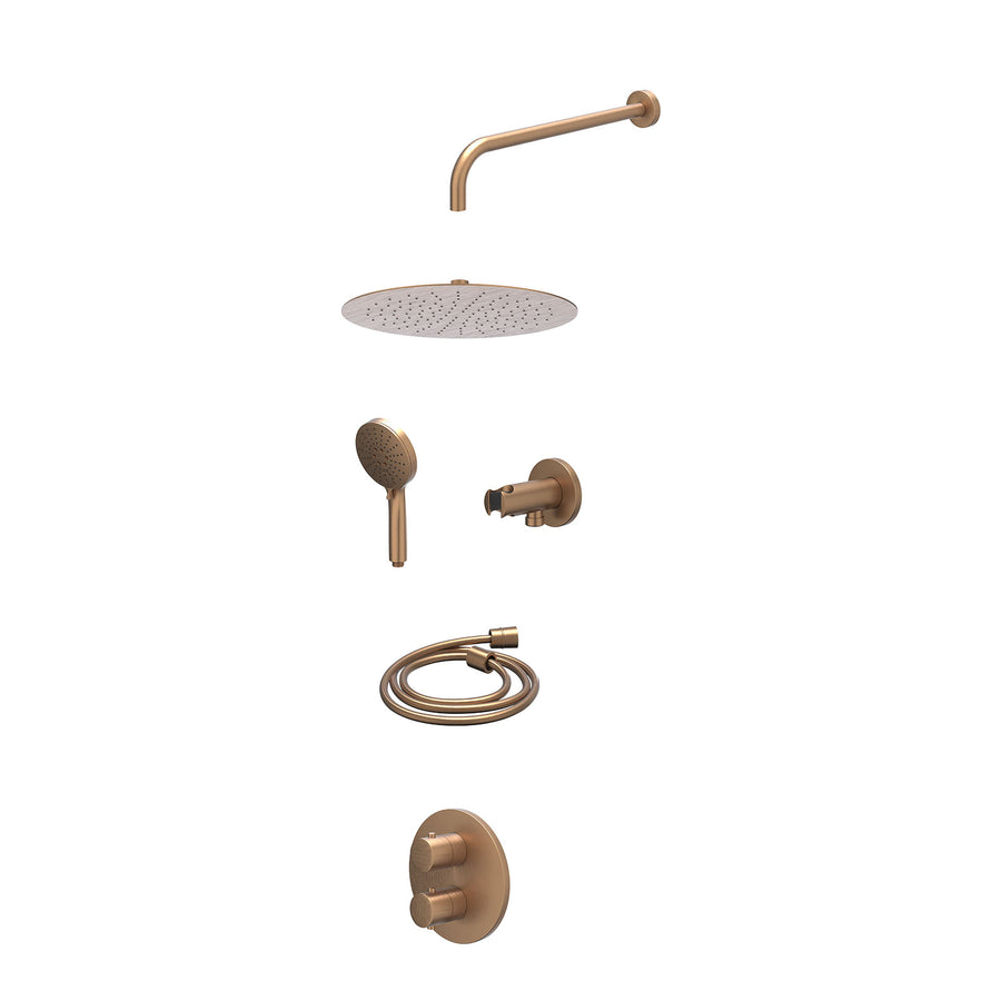 IVY Excl. inbouwbox regendoucheset inbouwthermostaatkraan met 2-weg stop-omstel, wandarm, R30cmSL, houder met uitlaat, doucheslang 150cm en 3-standen handdouche – Gebr. mat koper P