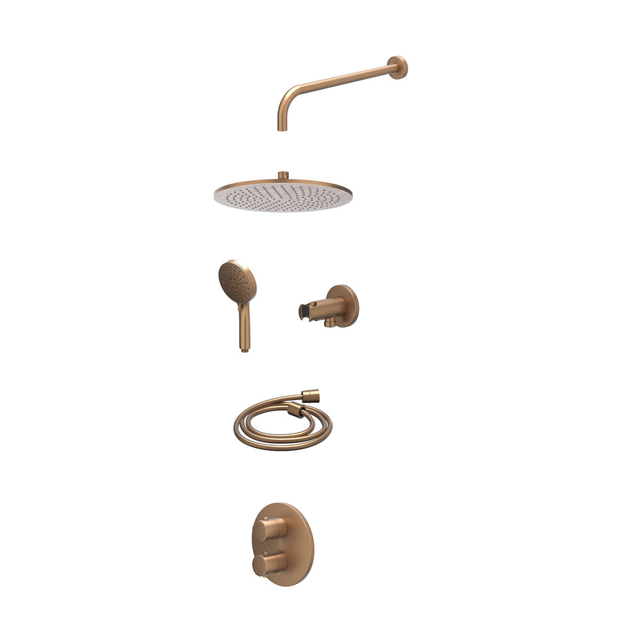 IVY Excl. inbouwbox regendoucheset inbouwthermostaatkraan met 2-weg stop-omstel, wandarm, R30cmME, houder met uitlaat, doucheslang 150cm en 3-standen handdouche – Gebr. mat koper P