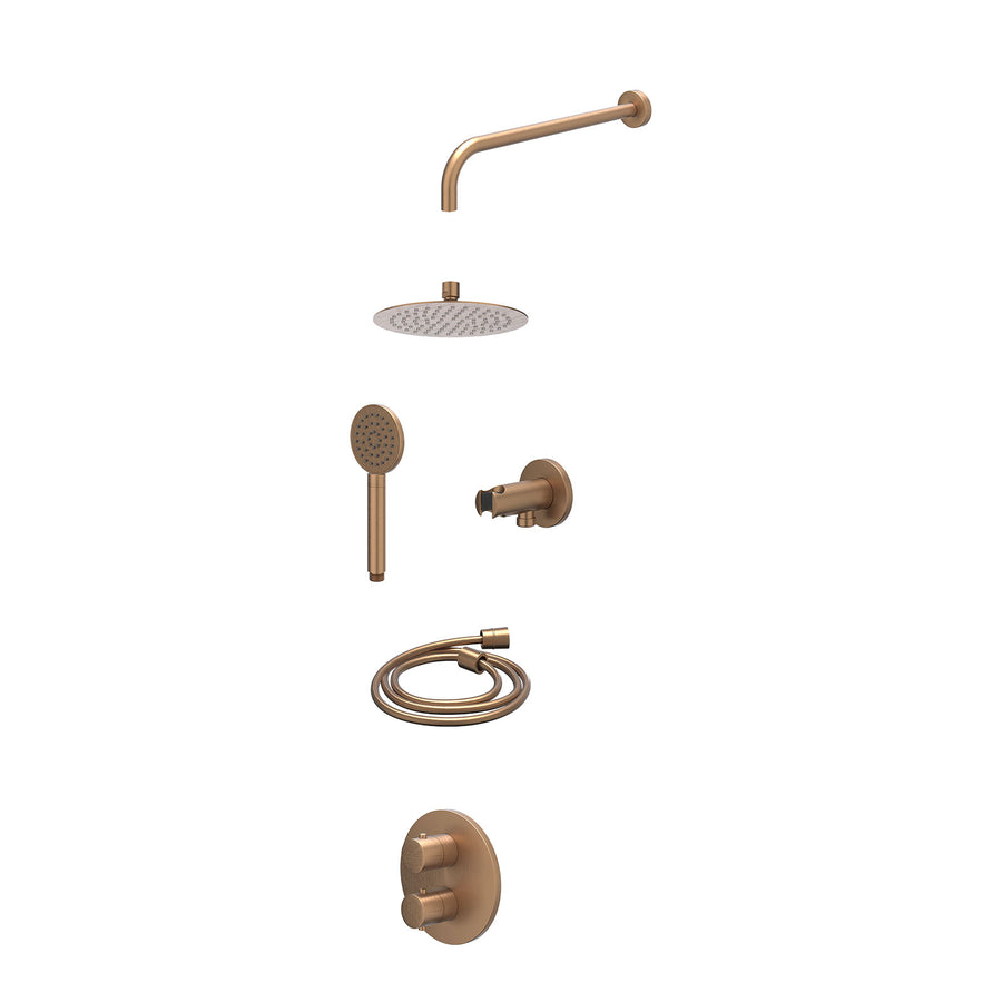 IVY Excl. inbouwbox regendoucheset inbouwthermostaatkraan met 2-weg stop-omstel, wandarm, R20cmSL, houder met uitlaat, doucheslang 150cm en satin spray handdouche – Gebr. mat koper