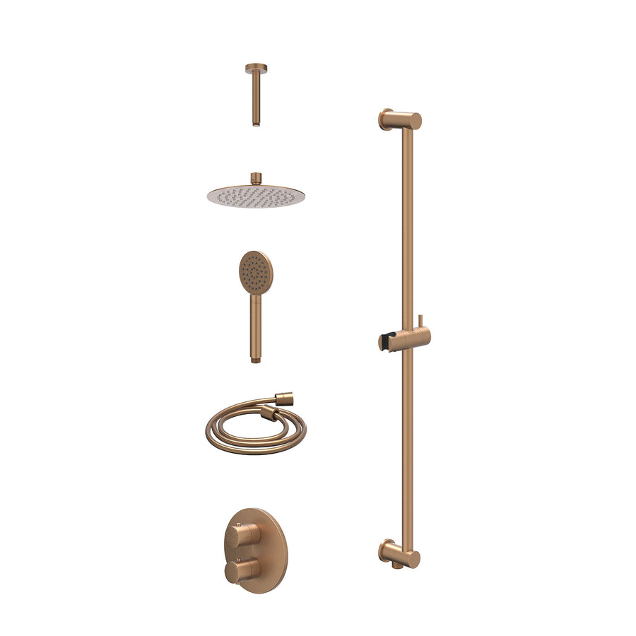 IVY Excl. inbouwbox regendoucheset inbouwthermostaatkraan met 2-weg stop-omstel, plafondbuis 15cm, R20cmSL, glijstang met uitlaat, doucheslang 150cm en satin spray handdouche – Geb