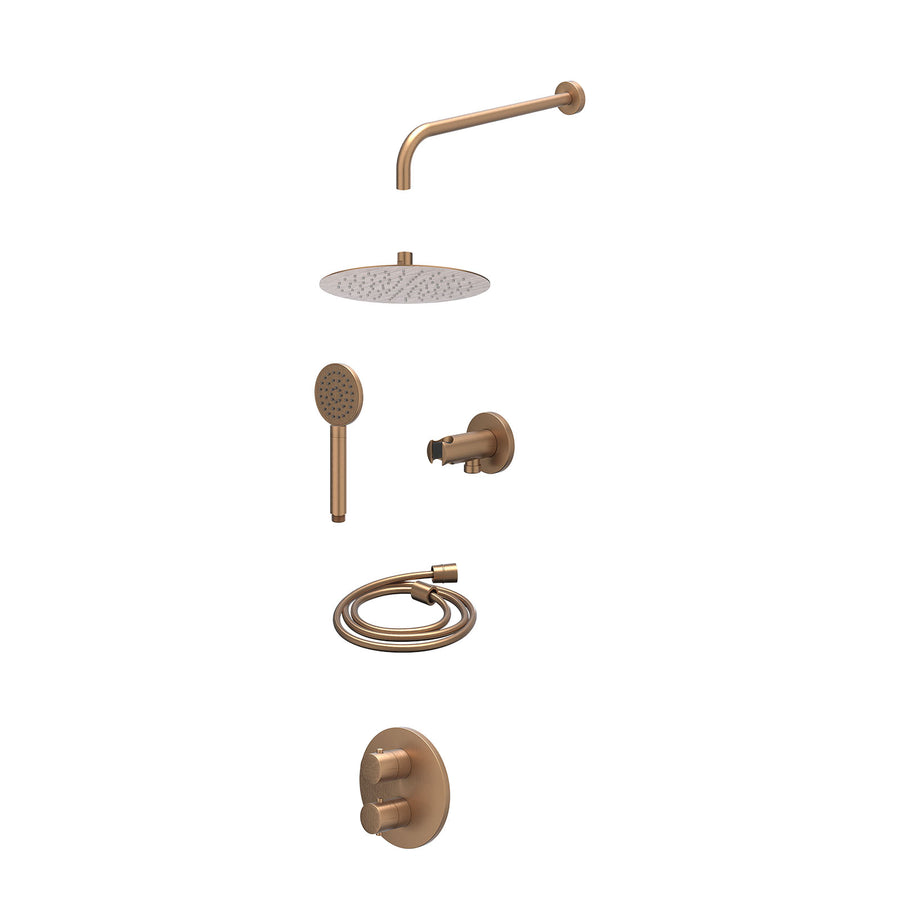 IVY Excl. inbouwbox regendoucheset inbouwthermostaatkraan met 2-weg stop-omstel, wandarm, R25cmSL, houder met uitlaat, doucheslang 150cm en satin spray handdouche – Gebr. mat koper